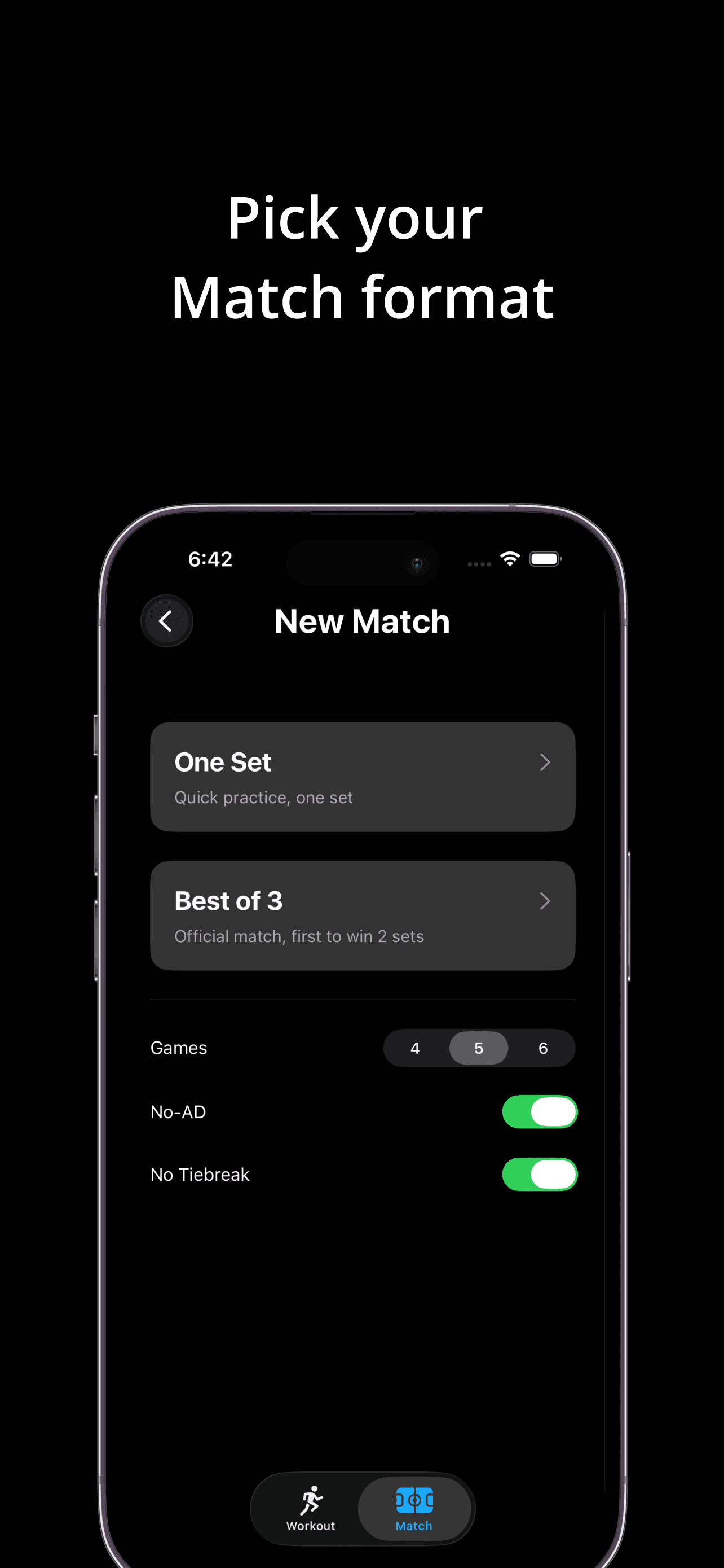 Ralli match format selection on iPhone